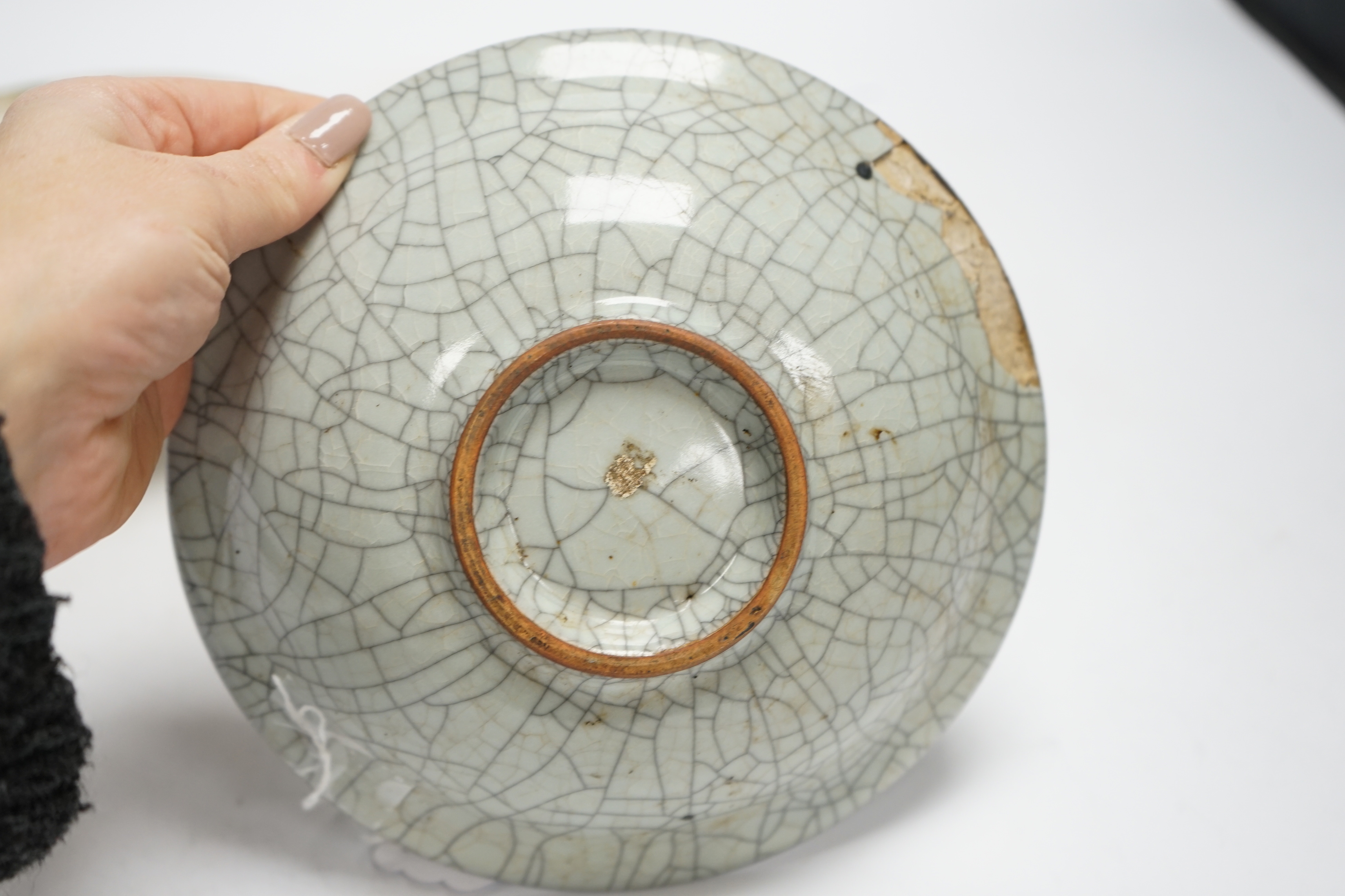 A Chinese crackle glazed bowl together with a South East Asian bowl, largest 18cm